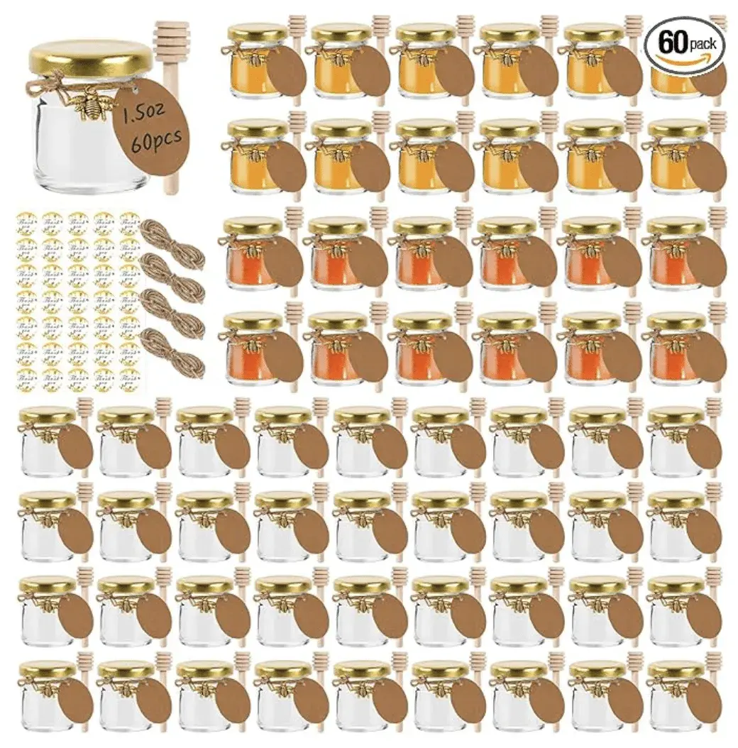 1.5 oz Mini Glass Honey Jars, 60 Pack 45ml Clear Canning Jars Jam Jars with Gold Lids, Wood Dipper, Bee Pendants,Twine String,Bee Stickers &Tags