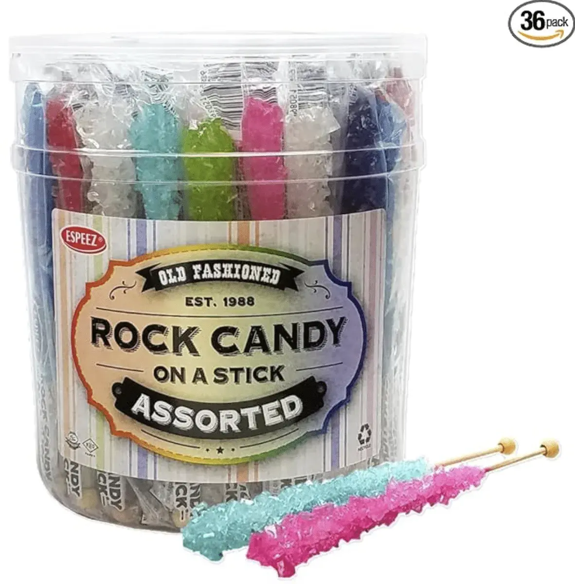 Old Fashioned Rock Candy Sticks, Assorted Flavors (36 Count) –Individually Wrapped