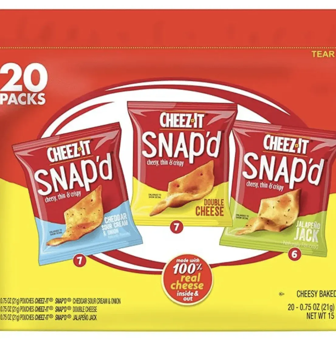 Cheez-It Snap'd Cheese Cracker Chips, Thin Crisps, Lunch Snacks, Variety Pack, 15oz Box (20 Packs)