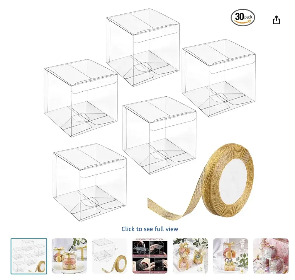 30 Pack Clear Favor Boxes with Gold Ribbon