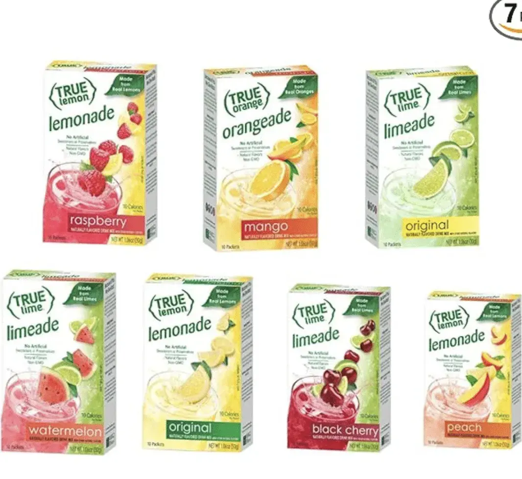 True Lime 7 flavor variety Pack: WATERMELON AQUA FRESCA, LIMEADE, Original Lemonade, Peach, Black Cherry, Raspberry & Mango Orange. True Citrus Assorted Beverage Pack: (7 boxes), Red