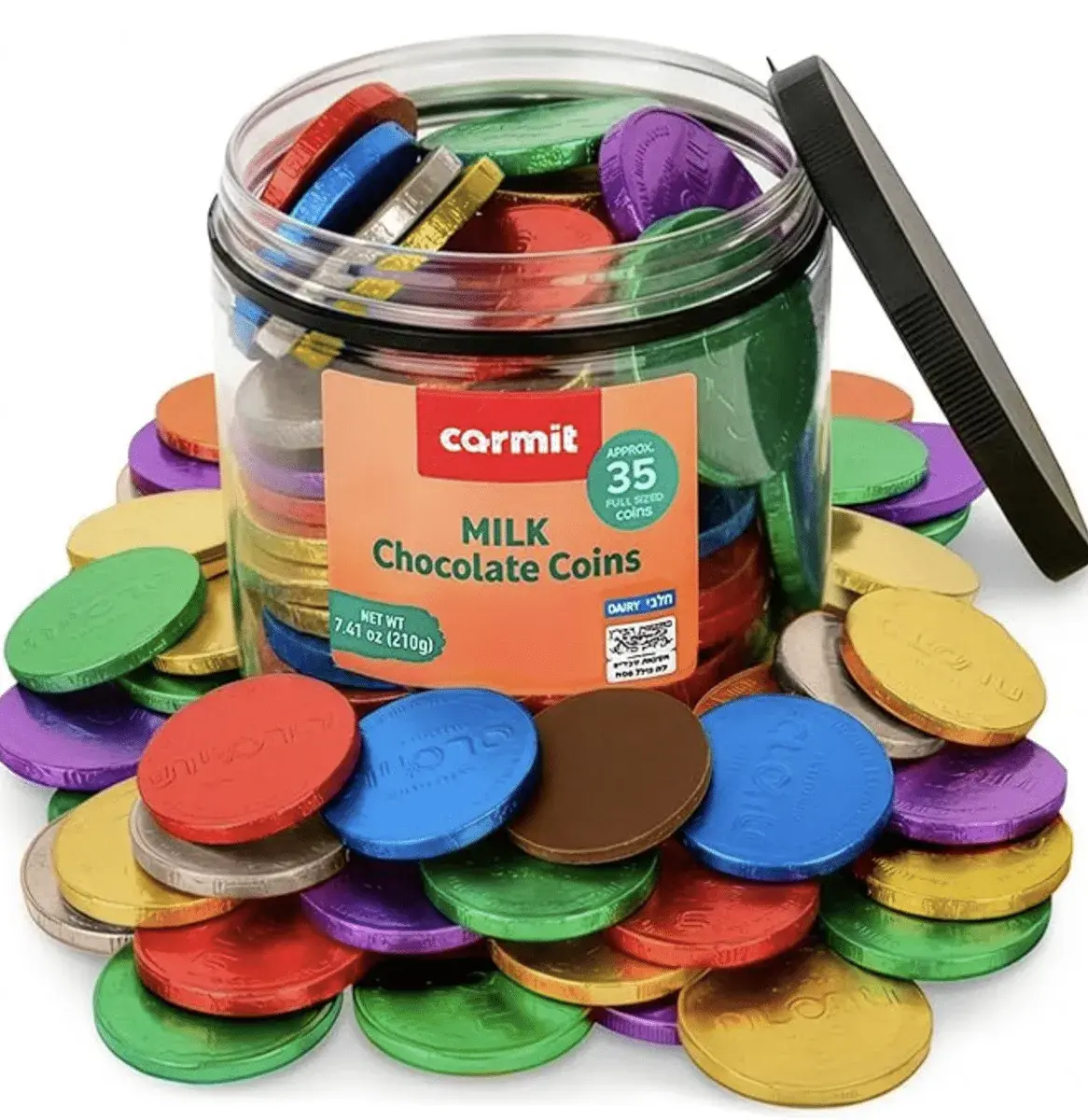 Multi-Color "REAL" Chocolate Coins in a Resealable Tub, Milk Chocolate (Approx. 35 Large Coins) | Individually Wrapped Hanukkah Gelt | Holiday Candy, Party Favors | Gluten Free | Kosher - Chalav Yisroel