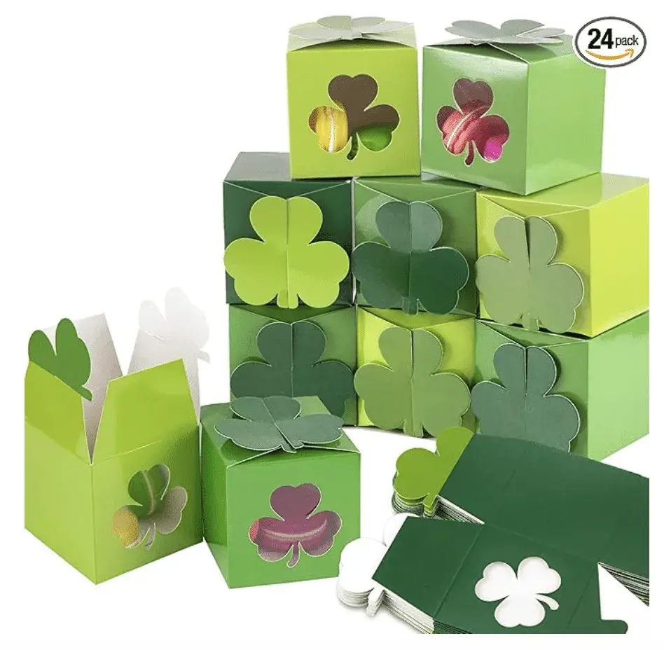 24Pcs St. Patrick's Day Treat Boxes 3 Green Color Cardboard Box with Shamrock Shape Window for Irish Spring Goodie Cookie Candy Sweet Party Favors