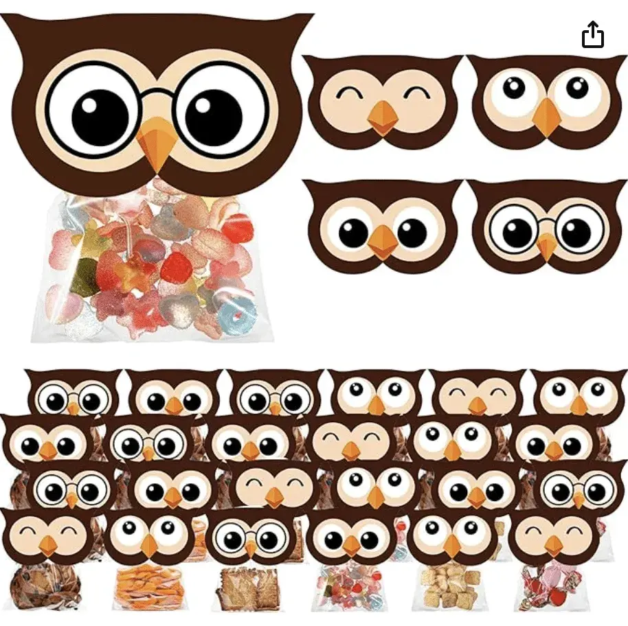 48 Sets of Owl Party Cellophane Treat Bags with Owl Toppers Cellophane Bags for Back to School Gift Bags Classroom Party Decoration Supplies(Brown)