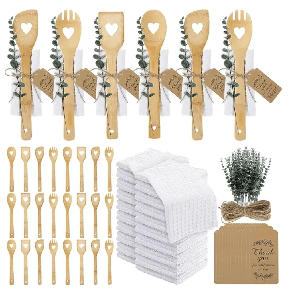 24 Set Wedding Bridal Shower Party Favors Baby Shower Game Prizes Kitchen Utensils Set Bamboo Cooking Heart Hollow Spoons Artificial Eucalyptus Stems Waffle Towel and Thank You Tags for Guests