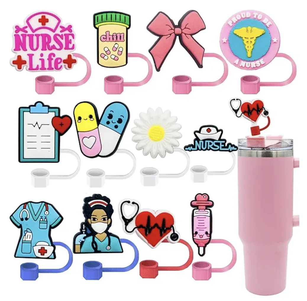 Straw Toppers for Stanley Cups,12pcs Nurse Straw Covers Cap Valentine Straw Toppers Compatible with Stanley 30&40 Oz Tumbler Cup,Reusable Straw Tip Covers for 0.4 Inch/10 mm Straws