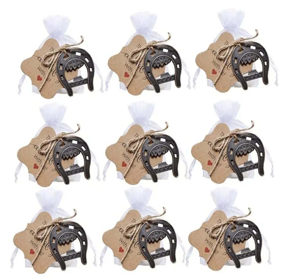 25pcs Cast Iron Lucky Horseshoes Opener with Tag Cards Sheer Bag
