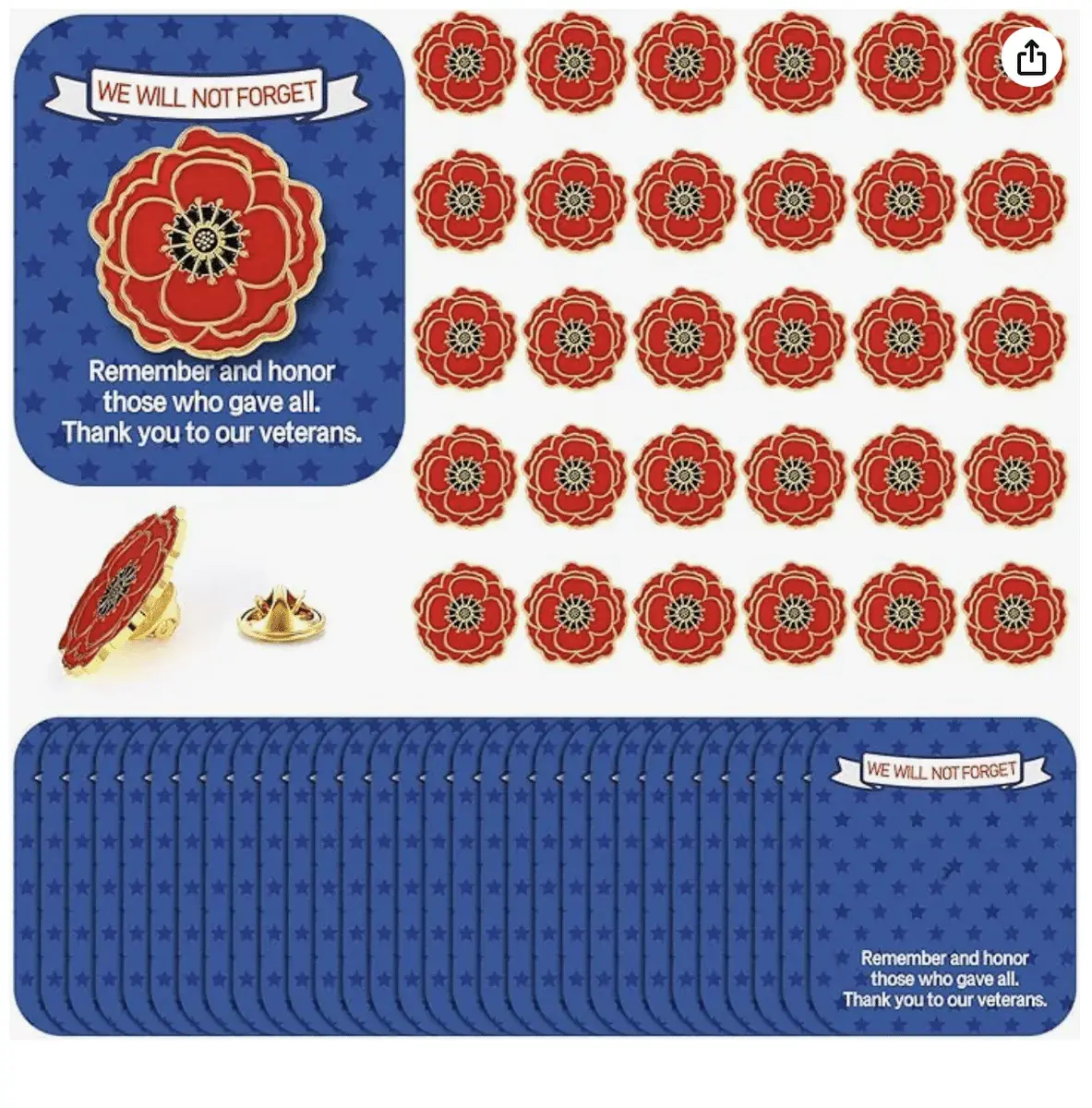 Remembrance Poppy Pins with We Will Not Forget Cards, 30 Pack