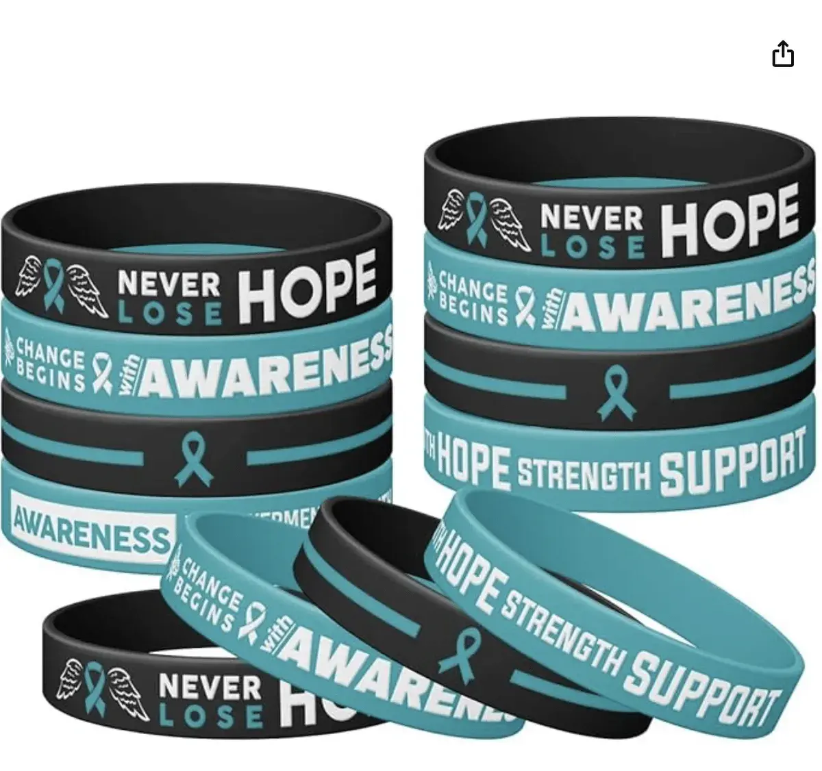 12 Pcs Teal Awareness Silicone Wristbands, Teal- Change Begins with Awareness, Never Lose Hope
