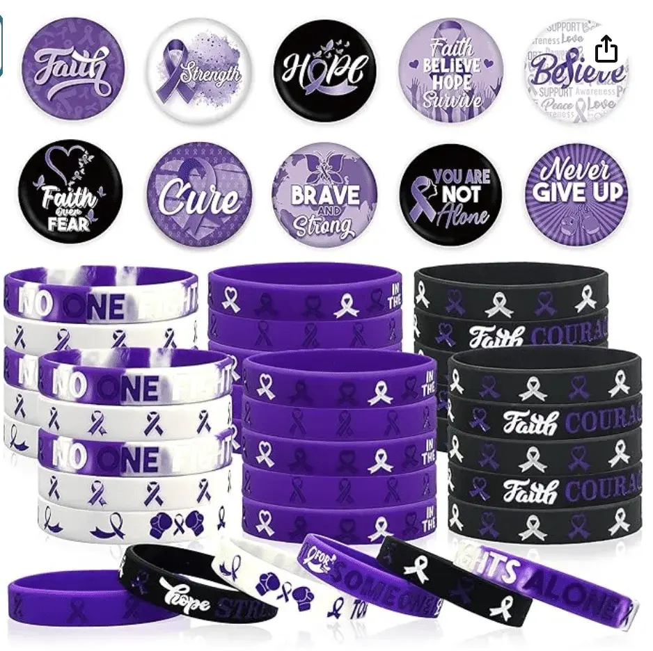 60 Pcs Purple Ribbon Awareness Accessories Purple Ribbon Bracelet and Button Badges Pins