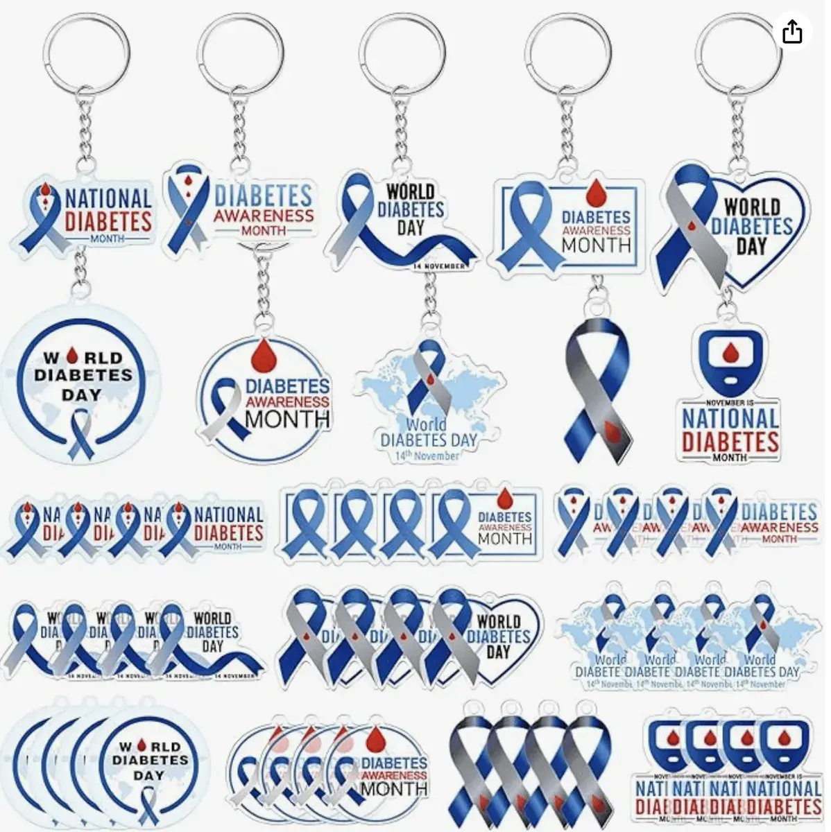 National Diabetes Month and World Diabetes Day Keychains, Bulk Set
