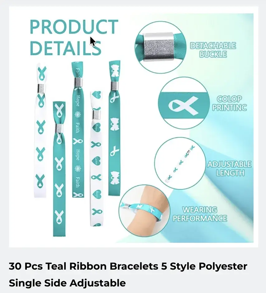 30 Pcs Teal Ribbon Bracelets, 5 Style Polyester Single Side Adjustable