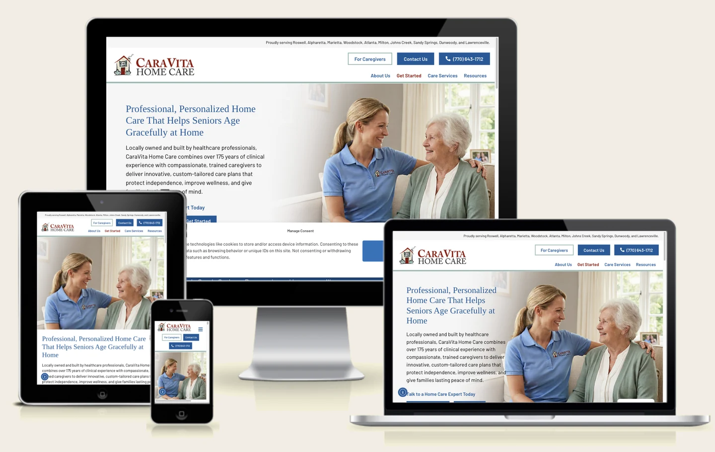 A home care agency website built by Approved Senior Network, shown on a desktop monitor, laptop, tablet, and phone